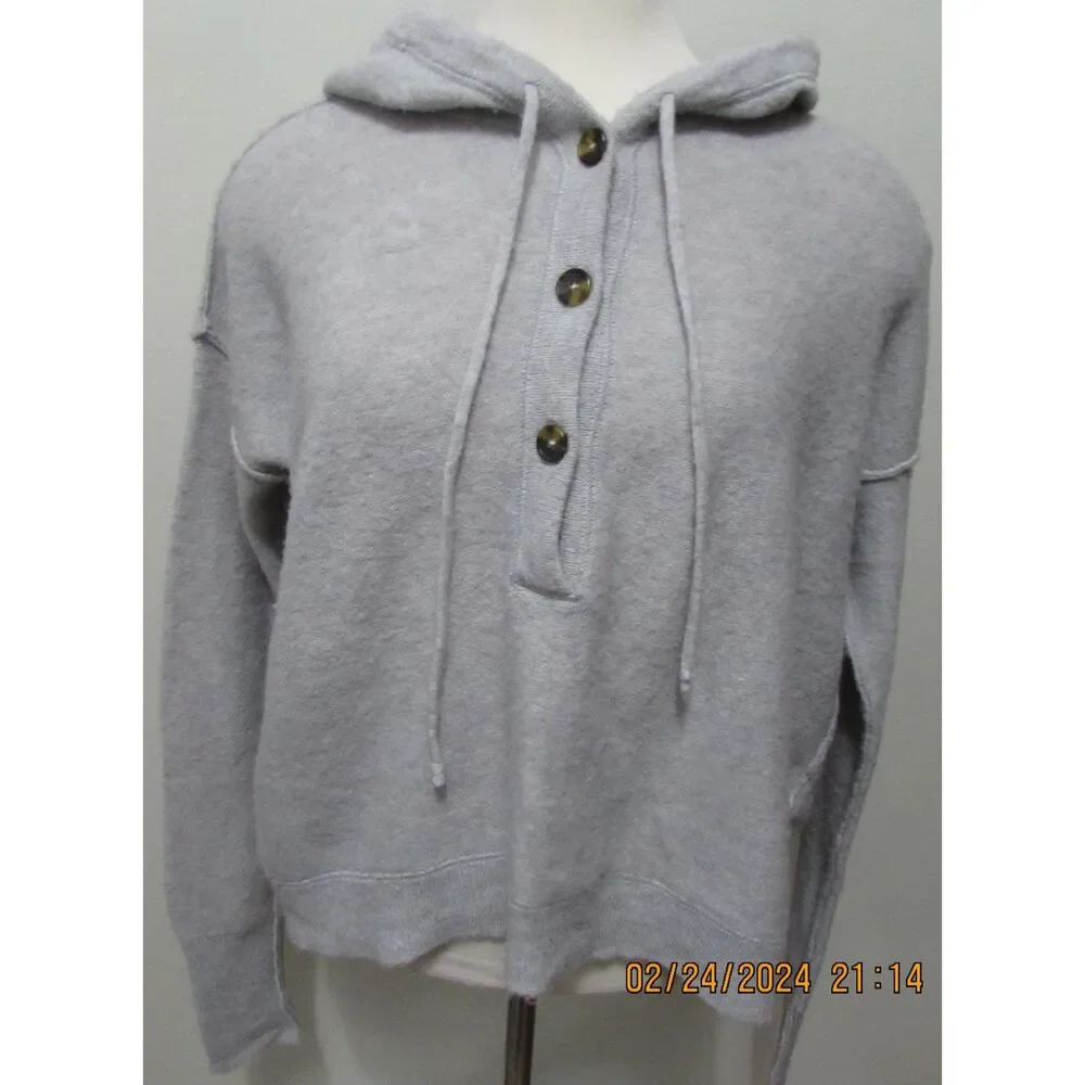 FREE PEOPLE SIZE S WOOL ALPACA BLEND HOODED PULL-ON SWEATER GRAY BUTTONS SOFT